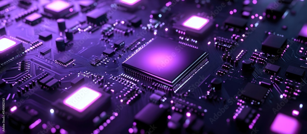 Obraz premium Close-up of a detailed circuit board with glowing components