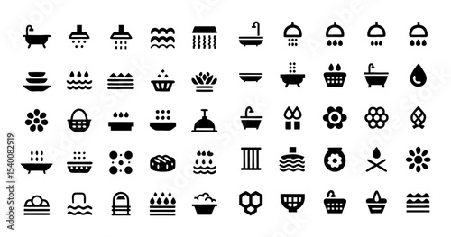 Spa and Bath Glyph Icon Set – Vector Black Silhouettes of Shower, Bathtub, Sauna, Jacuzzi, Swimming Pool, Relaxation, Hygiene, and Wellness Symbols