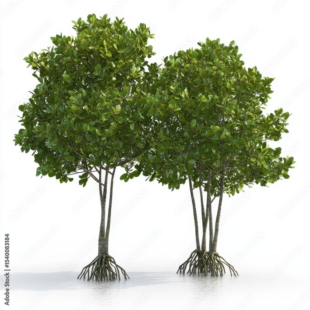 Obraz premium Lush Green Mangrove Trees with Exposed Roots in Shallow Water