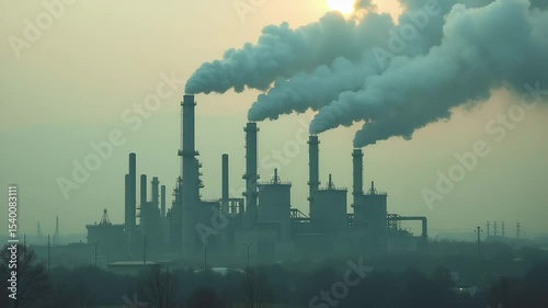Chemical factory pollution with tall smoking chimneys and toxic emissions filling the air, industrial grunge aesthetic