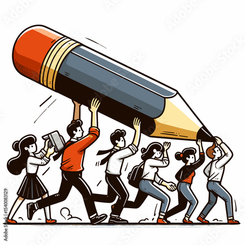 Group of people carrying giant pencil during artistic protest  