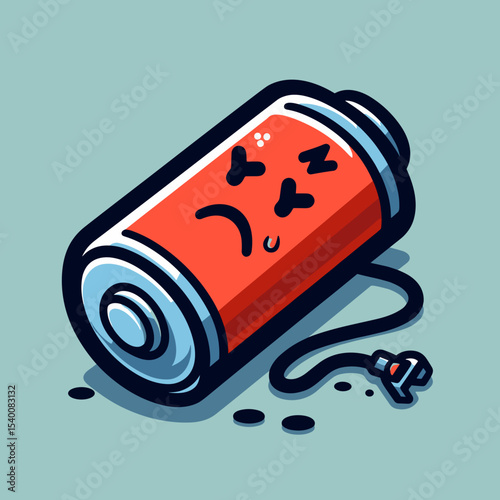 Cartoon battery character looking sad with unplugged charger cable  