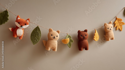 Felt woodland animal garland with foxes, bears, and leaves. Perfect for decorating nurseries, kids rooms, or nature themed events.