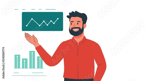Cartoon Man Presenting Business Growth Chart, Animated Character with Infographics