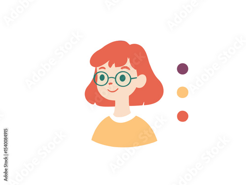 A Colorful Girl in Illustration: A charming illustration of a young girl with short red hair, wearing glasses and a simple yellow shirt. showcasing a clean and modern design.