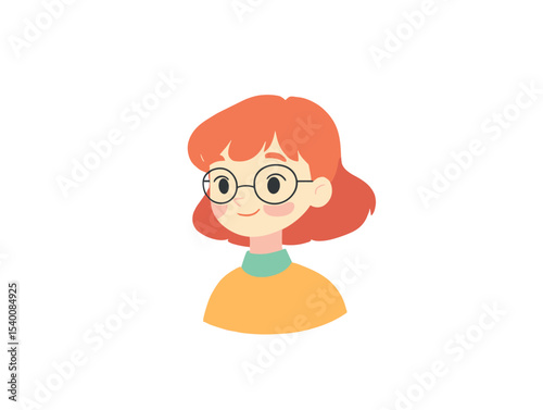 Smiling Girl with Glasses: A cheerful girl with vibrant red hair and round glasses smiles warmly.