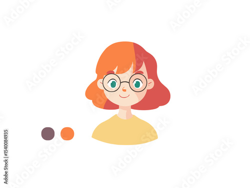 Simplified Portrait: A cheerful portrait illustration of a woman with striking red hair, round glasses, and a warm smile, capturing a sense of approachability and confidence. 