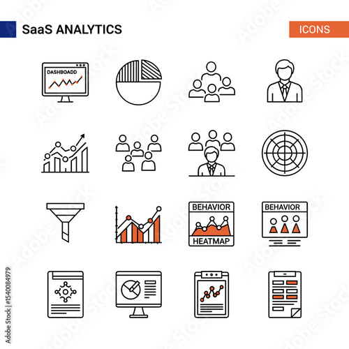 SaaS Analytics Iconography: Collection of line art icons illustrating SaaS analytics, data visualization, user behavior, and team management.