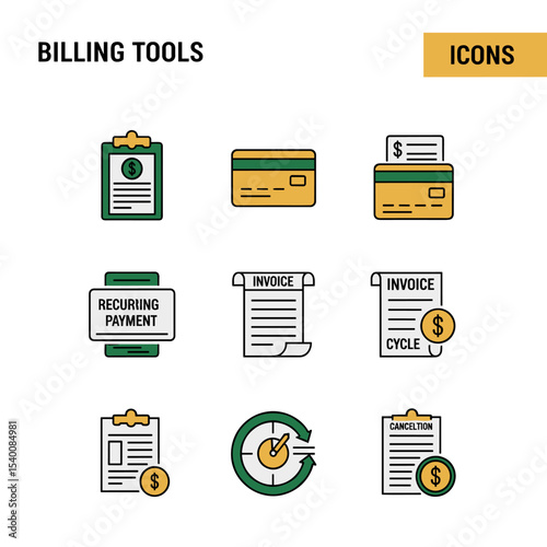 Digital Financial Tool Kit: A visually engaging collection of vector icons representing various aspects of financial tools, from billing to recurring payments and invoices.