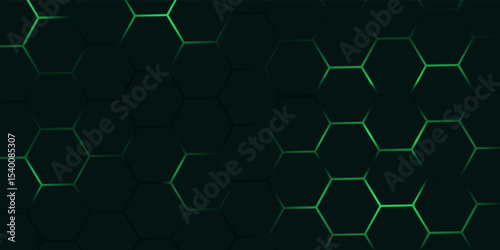 Dark hexagon abstract technology background with blue and green colored bright flashes under hexagon. Hexagonal gaming vector tech illustration black abstract background.