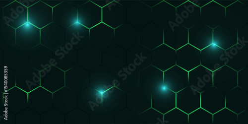Dark hexagon abstract technology background with blue and green colored bright flashes under hexagon. Hexagonal gaming vector tech illustration black abstract background.