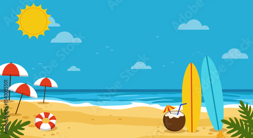 Colorful Beach Scene with Umbrellas, Surfboards, and a Coconut Drink