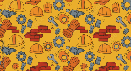 Construction themed pattern with hard hats, bricks, tools, and gears on yellow