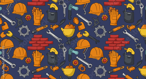 Construction themed seamless pattern with tools, helmets, bricks, and gears on a dark blue background