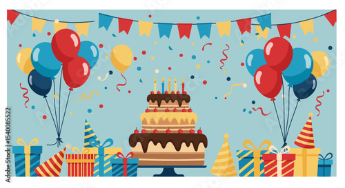 Festive Birthday Celebration with Colorful Balloons, Cake, and Gifts