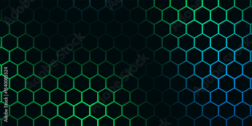 Dark hexagon abstract technology background with blue and green colored bright flashes under hexagon.