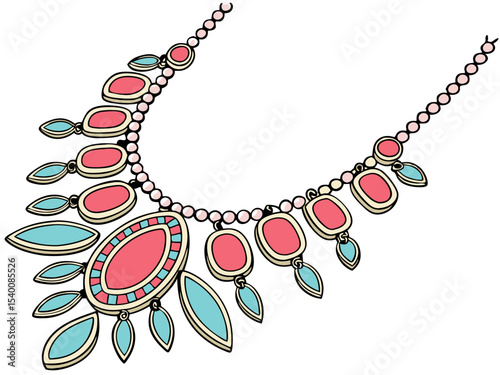 Vibrant illustration of a bib necklace with turquoise and pink stones on a white background, decorative jewelry design