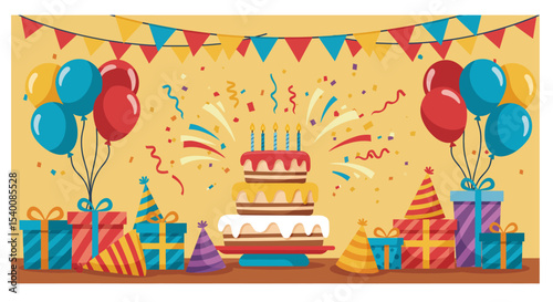 Festive birthday celebration with cake, gifts, balloons, and party hats