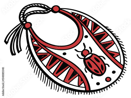 Illustration of a bib necklace with a beetle design on a white background, artistic and ethnic jewelry