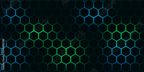 Dark hexagon abstract technology background with blue and green colored bright flashes under hexagon. Hexagonal gaming vector tech illustration black abstract background.