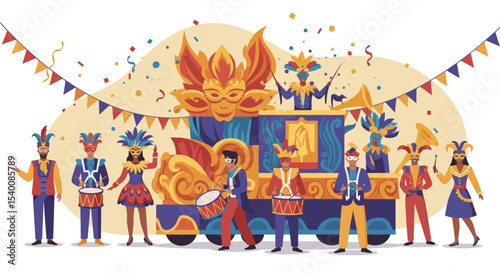 Colorful Carnival Parade Float with Musicians and Masked Performers Celebrating Festivities