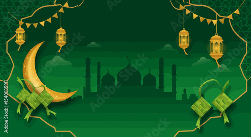 Golden Crescent Moon and Mosque Silhouette in Emerald Green Ramadan Illustration