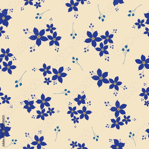 Seamless repeat pattern with soft blue flowers on beige background for textile, surface design, wallpapers and prints