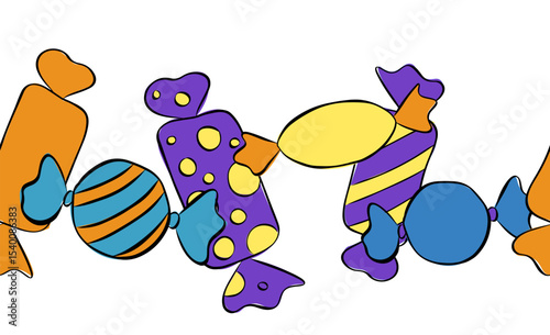 Candy colorful sweet Seamless horizontal border. Vector graphic line ink illustration. Bonbon candies in bright color packaging wrapping. Sugar sweet food dessert caramel chocolate.