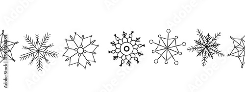 Snowflake black Seamless horizontal border. Vector graphic line ink illustration. Silhouette sign for logo, print, comics, fashion, pop art, boards, design, stickers, decoration, posters