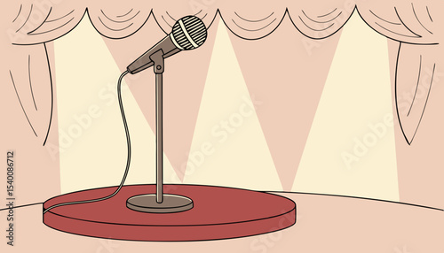 A lone microphone stands ready on a circular red platform, surrounded by warm spotlights, offering an inviting atmosphere for performers and audiences alike 
