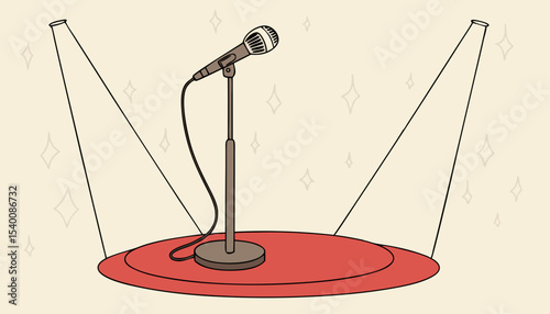 A lone microphone stands ready on a circular red platform, surrounded by warm spotlights, offering an inviting atmosphere for performers and audiences alike 