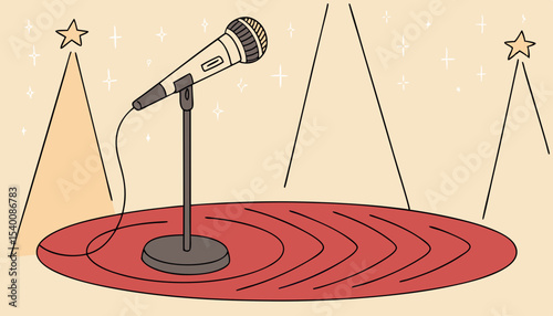 A lone microphone stands ready on a circular red platform, surrounded by warm spotlights, offering an inviting atmosphere for performers and audiences alike 
