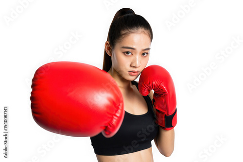 Powerful Female Boxer, Strength, Fitness, Determination, Red Gloves, Action Shot,  Training, Competition, Victory, Powerful Punch, Sports Photography