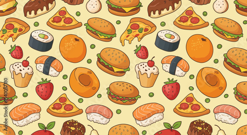 Delightful Cartoon Food Pattern Featuring Pizza, Burgers, Sushi, and Sweets