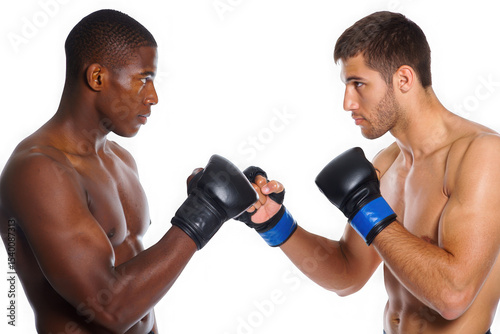 Intense Mixed Martial Arts Showdown Fighters Face-Off, Ready for Combat, Athletic Power, Strength, and Determination