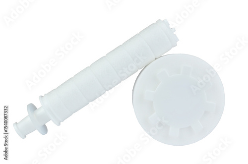 Brand-new, pristine white water filter is prominently displayed against a transparent background