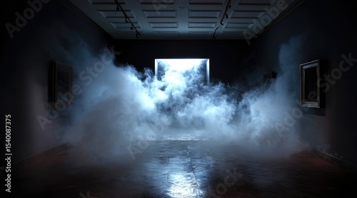 Wallpaper Mural Dark gallery room, shrouded in ethereal fog, a brightly lit doorway at the end of a polished floor, flanked by shadowed artwork Torontodigital.ca