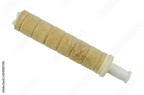 Old, dirty, and well-used water filter set against a transparent background