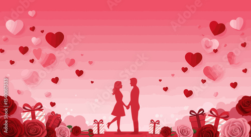 Romantic Silhouette of Couple Holding Hands Amidst Hearts, Roses, and Gifts
