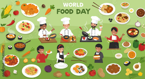 World Food Day Celebration with Diverse Cuisine and Cheerful Chefs Illustration