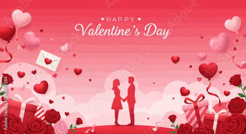 Romantic Valentine's Day Couple Silhouette with Balloons and Roses