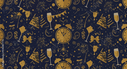 Festive New Year's Eve Celebration Pattern with Clocks, Champagne, and Fireworks