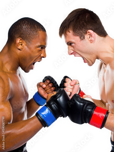 Intense Face-Off Two MMA Fighters Ready for Combat,  Showcasing Power, Aggression, and Determination in this Dynamic Close-Up Shot