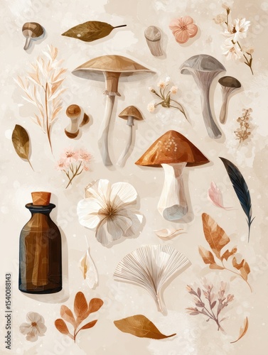 Watercolor illustration of various autumnal flora and fungi, including mushrooms, flowers, leaves, and a small bottle, arranged on a textured beige background