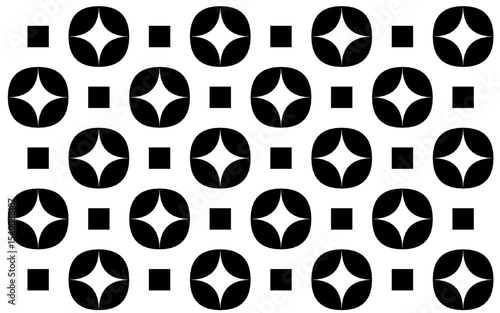 An Indonesian ethnic style batik background, simple and black/white. Features a geometric grid of floral star motifs and squares, perfect for a striking backdrop. Floral background design art 
