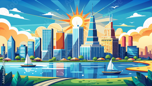 Bright and sunny view of downtown Chicago with the shimmering Michigan lake in the foreground. Very beautiful
