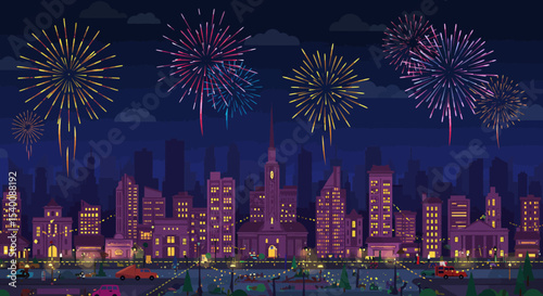 Festive city skyline illuminated by vibrant fireworks display at night