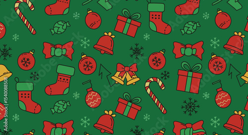 Festive Christmas Pattern with Ornaments, Gifts, Candy Canes, and Bells on Green Background