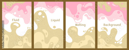 Melting colorful waves pattern summer banners. Bubble splashes and streams vector templates set. Fluid liquid flowing paint patterns. Wavy surface posters with salted caramel melting shapes