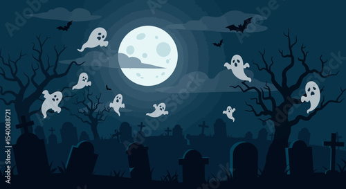 Spooky Halloween Night Ghosts Flying Over Graveyard